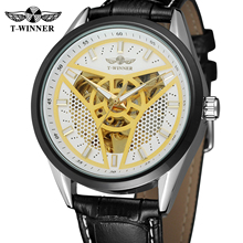 Relógio esportivo winner, relógio de pulso de couro genuíno com mostrador triangular, dourado, mecânico, para homens 2024 - compre barato