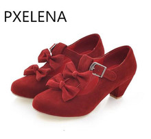 PXELENA 2017 New Spring Womens Mary jane Lolita Shoes Bowtie Court Pumps Women Faux Suede Block Low Heel Pumps Shoes Plus Size 2024 - buy cheap