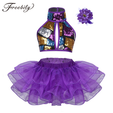 Trajes de baile de lentejuelas para niños, Top corto de cuello Halter con tutú, conjunto de vestido para chicas adolescentes, Ropa de baile de Ballet y Jazz para el escenario 2024 - compra barato