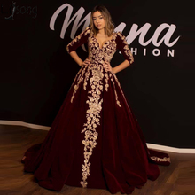 Arabic Burgundy Prom Dresses Gold Appliqued A Line Deep V Neck 3/4 Long Sleeves Evening Dress Velvet Custom Plus Size Party Gown 2024 - buy cheap