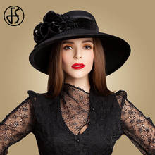 FS-Sombrero de fieltro de lana de ala ancha para mujer, sombrero elegante con lazo de flores, para otoño e invierno, color negro 2024 - compra barato