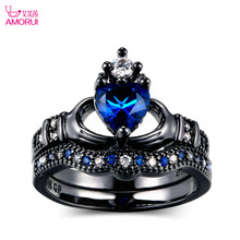 AMOURI Fashion Black Gold Roya Blue Love Heart Set Rings Vintage Crown Engagement/Wedding Ring For Women Jewelry Dropshipping 2024 - buy cheap