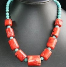 BLUE HOWLITE TURQUOISES RED CORAL CYLINDER BEAD NECKLACE shipping free PNS108 2024 - buy cheap