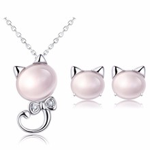 new Princess pink quartz stone cat catty pedant necklace earrings  silver Color chain jewelry sets wife girlfriend gift 51154 2024 - buy cheap