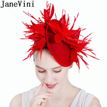 JaneVini Fashion Women Fascinator Hat Bridal Feathers Flower Red Yellow Party Evening Hats With Hair Pin Wedding Hat for Women 2024 - buy cheap