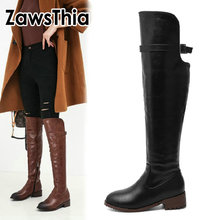 Zawsthia 2020 mulher sapatos de inverno grossos saltos baixos preto marrom plutônio feminino punk equitação botas confortável solto na altura do joelho-botas altas 2024 - compre barato