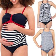 Плюс размер, Цельный купальник для беременных, топ с лямкой на шее, полосатый купальник, летняя пляжная одежда, купальный костюм для беременных женщин 2024 - купить недорого