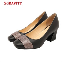 XGRAVITY-zapatos de tacón grueso con punta redonda para mujer, Calzado cómodo de piel auténtica y Sexy, para primavera y otoño, 2020 2024 - compra barato