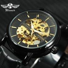 Vencedor 2019 moda automática relógio mecânico masculino pulseira de couro ouro esqueleto dial preto relógios de pulso marca superior relógio de luxo 2024 - compre barato