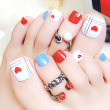 Wholesales 24Pcs Lots False Nails with glue Red Love Flower Black White Striped Designs short Nail Art Girls Artificial Toenail 2024 - compre barato