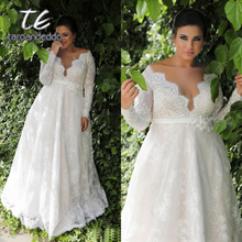 Long Sleeves Lace V Neck Wedding Dresses Sweep Train Floor Length Plus Size A Line Appliques Bridal Gown with Buttons and Sash 2024 - buy cheap