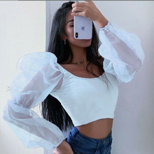 AU Eugensha Puff Sleeve Woman Shirts Long Puff Sleeve Crop Top Solid Color Blouses Fold Square Neck Crop Shirt 2019 2024 - buy cheap