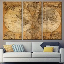 Hd 3 painéis do vintage mapa do mundo pintura da lona decoração casa arte da parede quadros para sala de estar cartaz 2024 - compre barato