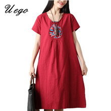 Uego 2021 New Arrival Short Sleeve Summer Dress Cotton Linen Embroidery Vintage Dress Plus Size Loose Women Casual Midi Dress 2024 - buy cheap