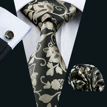 Gravata com lenço para homens, gravata preta floral e da moda em seda 100%, conjunto com abotoaduras, para homens, festa de casamento formal, noivado 2024 - compre barato