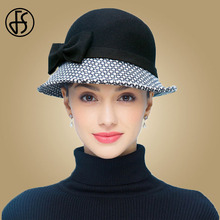Chapéu de lã de inverno para mulheres xadrez preto cloche chapéu de feltro senhoras elegantes de borda larga bowler senhoras boné arco igreja bonés 2024 - compre barato