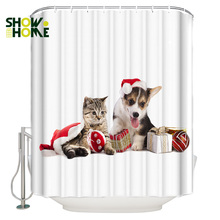 Showhome cortina de chuveiro feliz christams cão e gato feriado cortina de chuveiro do banheiro decoração para casa 2024 - compre barato