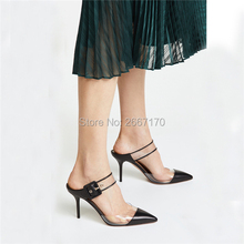 Sexy Sapato de Bico Fino Mulheres Sapatos de Verão Preto Branco Transparente Nu Stiletto Bombas Sandálias Das Senhoras Negrito Fivela 10 cm de Salto Alto mulas 2024 - compre barato