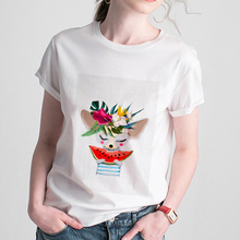 Camiseta feminina kawaii, animal, flores, estampada, seção fina, roupas femininas, harajuku, manga curta 2024 - compre barato