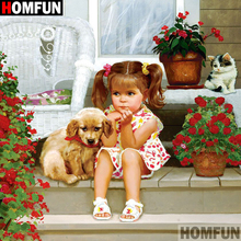 Homfun taladro cuadrado/redondo completo 5D DIY pintura de diamante "Girl dog" 3D bordado punto de cruz decoración del hogar regalo A11213 2024 - compra barato