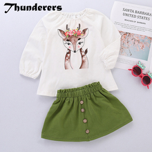 Thunderers Summer Girl Clothes Suit Printed Deer Shirt With Green Skirt Kids 2pcs Outfits Casual Toddler Baby Clothing Set 2024 - buy cheap