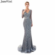 Janevini-vestido longo renda cinza brilhante, vestido de noiva com gola v, manga comprida, luxuoso com lantejoulas, sereia muçulmano, vestidos de noite 2024 - compre barato