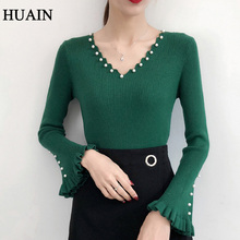 Beading Knitted Shirt Women Long Sleeve Blouse Shirt Autumn Winter 2018 New Flare Sleeve Office Ladies Top V-N Female Blouse 2024 - buy cheap