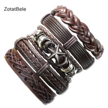 Zotatbele pulseira de couro legítimo masculina e feminina, feita à mão, multicamadas, com corda trançada, joia da moda f97 2024 - compre barato
