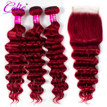 Celie человеческие волосы красные свободные глубокие пучки с закрытием крашеные бразильские волосы плетение пучки с закрытием 2024 - купить недорого