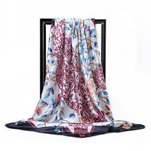 Lenço de seda feminino, echarpe de cetim com estampa de flores de verão, quadrado, 90*90cm, marca de luxo, bandana hijab 2024 - compre barato