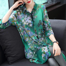 2019 Summer Spring Women Female Green Flower Print Long Tops And Blouse , Fashion Womens 3/4 Sleeve Chiffon Blouse Shirt Top 2024 - buy cheap