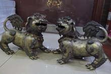 Cobre de China pintado de plata FengShui, puerta del mal Tíbet, pie Fu, perro, par de estatuas de León 2024 - compra barato