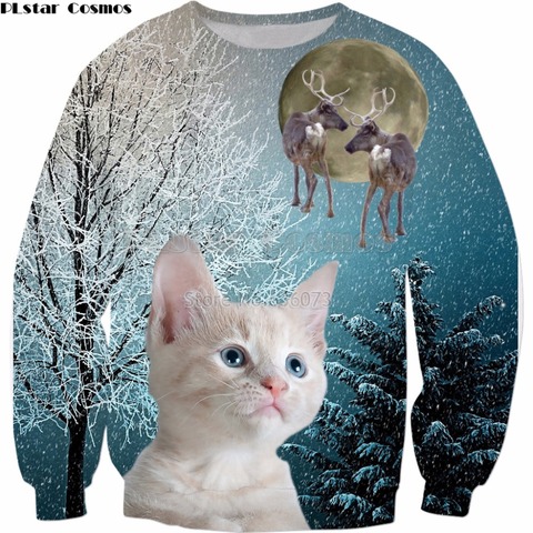 Новинка 2018, модная Рождественская Толстовка PLstar Cosmos, хипстерские повседневные пуловеры для мужчин и женщин с 3D-принтом белых котов и оленей 2022 - купить недорого