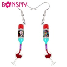 Bonsny Enamel Alloy Rhinestone Red Wine Cup Bottle Earrings Drop Dangle Fashion Vintage Heart Jewelry Women Girls Birthday Gift 2024 - buy cheap