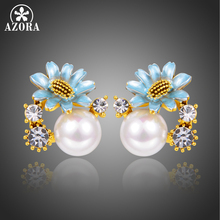 AZORA Exquisite Flower Pearl Stud Earrings for Women Wedding Party Luxury Austrian Crystals Beautiful Gold Color Jewelry TE0352 2024 - buy cheap