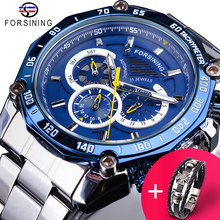 Forsining Watch + Bracelet Set Combination Blue Calendar 3 Dials Silver Stainless Steel Automatic Mechanical Watches Men's Clock 2024 - buy cheap