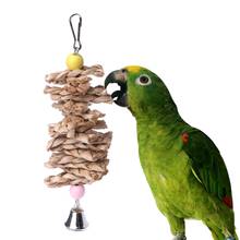 Newest Parrot Bird Toys Natural Wooden Grass Chewing Bite Hanging Cage Bell Swing Climb MAR-16 2024 - buy cheap