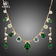 AZORA Gold Color Green Cubic Zirconia Tear Drop Pendant Necklace and Earrings Jewelry Sets TG0147 2024 - buy cheap