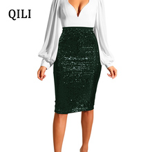 QILI Women Sequin Skirt Elegant Pencil Skirt Knee-Length Wrap Hip Slim Bottoms Evening Party Club Shiny Sequins Skirt 6 Color 2024 - buy cheap