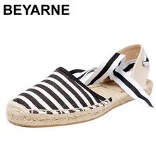 BEYARNE size 41 Women Canvas Espadrilles, Black/White Striped Flats, Ladies Ankle Strap Hemp Bottom Fisherman Shoes For 2018 2024 - buy cheap