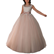 pink little girls tulle dress long kids first communion dresses beaded lace flower girls dress with bow party dresses for girls 2024 - buy cheap