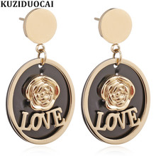 Kuziduocai New Fashion Jewelry Flower Love Rose Dangle Oval Titanium Stainless Steel Statement Drop Earrings For Women oorbellen 2024 - buy cheap