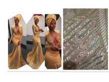 Modern design gold color african glued glitter tulle lace fabric H-1938 for fashion dress or wedding dress 2024 - buy cheap