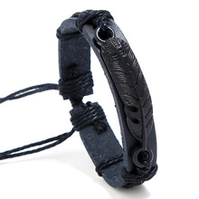 Pulseiras e braceletes de couro para homens e mulheres, ajustável, 17 cm a 30cm, com penas 2024 - compre barato