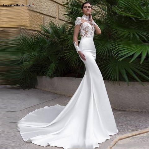 Robe Mariage Sirene Cou Haut 2020 Lace Satin Long Sleeve Ivory Sexy Mermaid Beach Wedding Dress Vestidos De Novia Robe Mariee Buy Cheap In An Online Store With Delivery Price Comparison