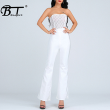 Beateen 2019 New Strapless Hollow Out Translucent Boot-Cut Bandage Jumpsuit 2 Ways Of Wearing Detachable Off Shoulder Shawl 2024 - buy cheap