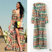 Casual Chiffon Long Dress 2019 Long Beach Tunic Women Floral Print Maxi Dress Cardigan Swimwear Bohemian Summer Dresses Female 2024 - buy cheap