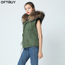 Oftbuy-casaco feminino de inverno, jaqueta tipo colete de pele com gola de guaxinim natural, verde militar, 2021 2024 - compre barato