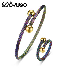 DOYUBO 2019 Stainless Steel Bangle & Ring Jewelry Sets Blue&Green Colorful Torsion Wire Bracelets & Ring Sets New Jewelry DD072 2024 - buy cheap