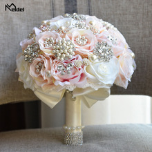 Meldel buquê de rosas de noiva, buquê redondo de rosas e damas de honra, artificial e luxuoso com flores de pérola de cristal rosa 2024 - compre barato